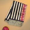 Striped Modal Saree – Black & Cream Stripes with Contrast Red Ikat Border