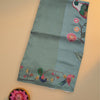 Russian Satin Crepe Saree – Pastel Green with Embroidered Floral & Bird Motifs