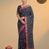 Khaddi Tissue Cotton Saree with Kantha Stitch Print & Zari Border - Navy Blue with Gold & Magenta Accents