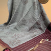 Grey Linen Cotton Saree with Woven Floral Design and Maroon Border