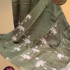 Olive Green Linen Cotton Saree with Lotus Floral Design and Contrast Blouse