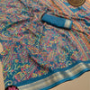 Katha Printed Viscose Saree with Silver Zari Border & Running Blouse – Teal Blue Multicolour