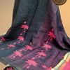 Black Linen Cotton Saree with Lotus Floral Design and Contrast Border