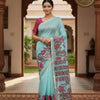 Floral Printed Semi Chanderi Cotton Saree – Aqua Blue