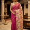 Linen Cotton Striped Saree with Contrast Floral Printed Pallu & Running Blouse – Pink & Off White