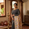 Linen Cotton Striped Saree with Contrast Floral Printed Pallu & Running Blouse – Charcoal Black & Off White