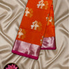 Vibrant Orange Soft Designer Silk Kota Saree with Swan Motifs and Pink Zari Border