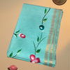 Floral Handpainted Tussar Silk Saree with Plain Running Blouse – Aqua Blue