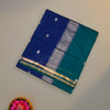Blue and Teal Green Maheshwari Pure Silk Cotton Saree with Silver Zari Border