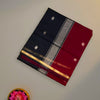 Black and Maroon Maheshwari Pure Silk Cotton Saree with Silver Zari Border