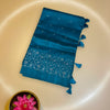 Teal Blue Tussar Matka Silk Saree with Silver Zari Floral Embroidery & Tassels