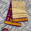 Checkered Kalyani Silk Cotton Saree – Cream & Purple with Rich Zari Border