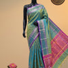 Pochampally Vegan Soft Silk Saree – Teal Blue & Blush Pink