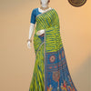 Linen Cotton Saree with Striped Body & Traditional Printed Pallu – Lime Green & Blue