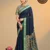Kora Soft Cotton Semi Linen Striped Saree with Contrast Kalamkari Floral Pallu & Blouse – Navy Blue