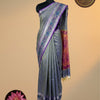 Pochampally Vegan Soft Silk Saree – Steel Grey with Copper & Royal Blue Pallu