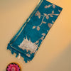Pichwai Linen Cotton Saree – Teal Blue with Intricate Cow & Floral Motifs