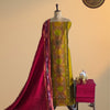 Premium Pochampally Ikat Silk Unstitched 3 Pc Salwar Suit – Mustard Olive & Wine