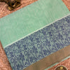 Pure Kovai-Negamam Brocade Threadwork Cotton Saree in Mint Green with Indigo Floral Border – Fresh From the Looms