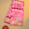 Chiniya Pattu Saree – Pink with Vertical Zari Stripes & Floral Motifs