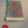 Floral Fancy Cotton Saree in Teal Blue with Multicolor Print and Golden Border