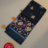 Soft Raw Tussar Saree in Black with Multicolor Floral Embroidery