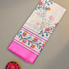 Soft Raw Tussar Saree in White with Multicolor Floral Print and Pink Border