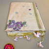 Pure Mugha Cotton Saree in Cream with Purple Floral Embroidery and Tassel Border