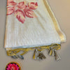 Pure Mugha Cotton Saree in Off-White with Pink Leaf Embroidery and Tassel Border