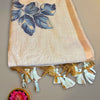 Pure Mugha Cotton Saree in Cream with Blue Leaf Embroidery and Tassel Border