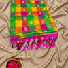 Vegan Soft Silk Checkered Saree – Multicolor Box Pattern with Pink Tassels