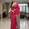 Semi Chanderi Linen Cotton Saree with Striped Running Blouse – Rani Pink & Black