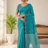 Semi Chanderi Linen Cotton Saree with Striped Running Blouse – Teal Blue