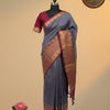 Jute Silk Saree with Rich Zari Border & Contrast Blouse – Slate Grey