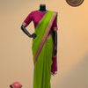 Jute Silk Saree with Zari Border & Contrast Blouse – Parrot Green
