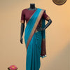Jute Silk Saree with Zari Border & Contrast Blouse – Peacock Blue