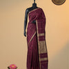 Wine Pure Maheshwari Silk Cotton Saree with Golden Zari Border & Grand Zari Woven Pallu – Running Blouse