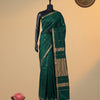 Bottle Green Pure Maheshwari Silk Cotton Saree with Golden Zari Border & Grand Zari Woven Pallu – Running Blouse