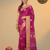 Crush Shibori Bandhani Printed Thread Woven Raw Vanya Tussar Silk Saree – Rani Pink with Gold Zari Border