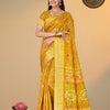 Crush Shibori Bandhani Printed Thread Woven Raw Vanya Tussar Silk Saree – Mustard Yellow with Gold Zari Border