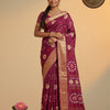 Crush Shibori Bandhani Printed Thread Woven Raw Vanya Tussar Silk Saree – Wine Maroon with Gold Zari Border