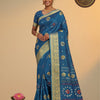 Crush Shibori Bandhani Printed Thread Woven Raw Vanya Tussar Silk Saree – Teal Blue with Gold Zari Border