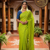 Plain Mirror South Cotton Saree with Contrast Blouse – Parrot Green with Royal Blue Blouse