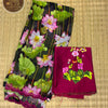 Pure Georgette Lotus Floral Print Saree with Contrast Embroidered Blouse – Black & Magenta Pink