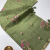 Beautiful Sage Green Matka Chanderi Cotton Saree with Thread Embroidery and Plain Self Coloured Blouse