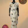 White Soft Organza Silk Saree with Tamil Letter Weaves & Shimmer Blouse – Ivory White & Silver