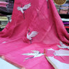 Linen Cotton Saree with Crane Motif Print & Contrast Running Blouse – Rose Pink